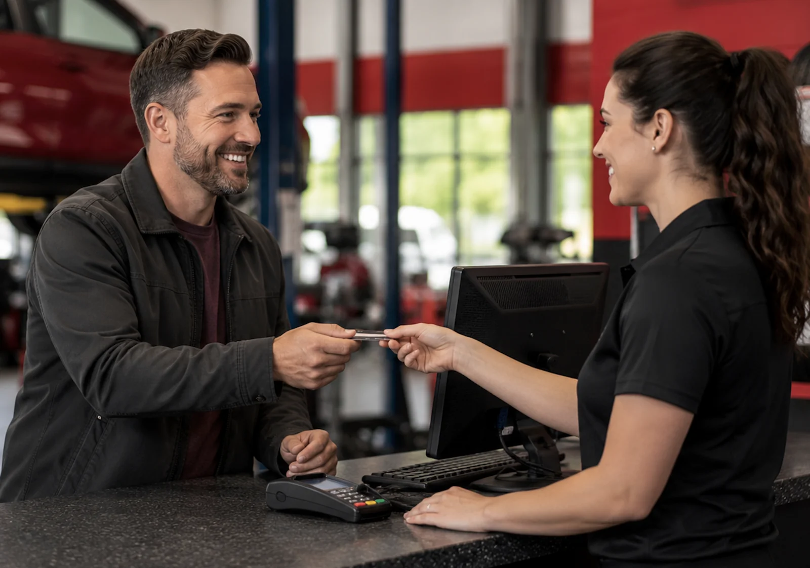 Customer completing a card payment at an auto service counter