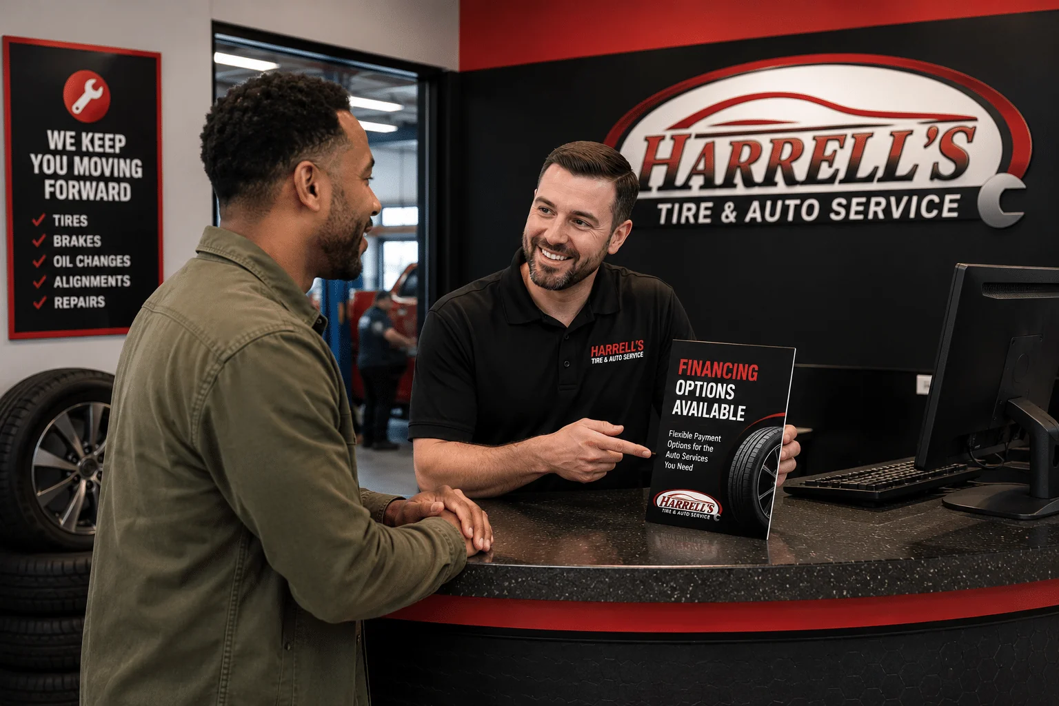 Service advisor discussing financing with a customer at an auto service counter