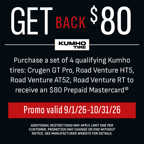 Kumho tire rebate offer, September 1 through October 31, 2026; qualifying purchase and terms apply
