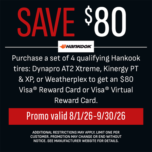 Hankook tire rebate offer, August 1 through September 30, 2026; qualifying purchase and terms apply