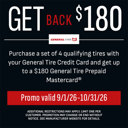 General Tire rebate offer, September 1 through October 31, 2026; qualifying purchase and terms apply