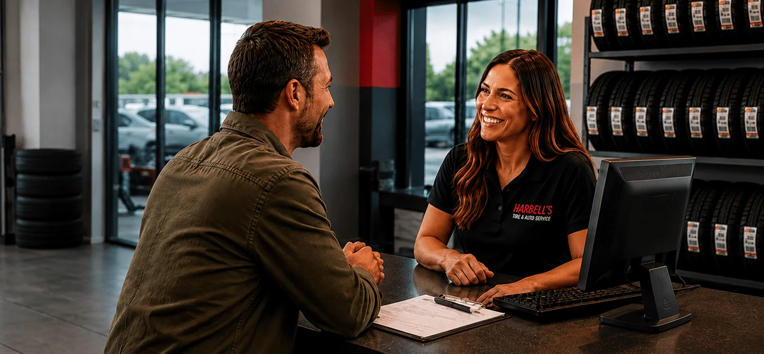 Customer speaking with a service advisor at an auto service counter